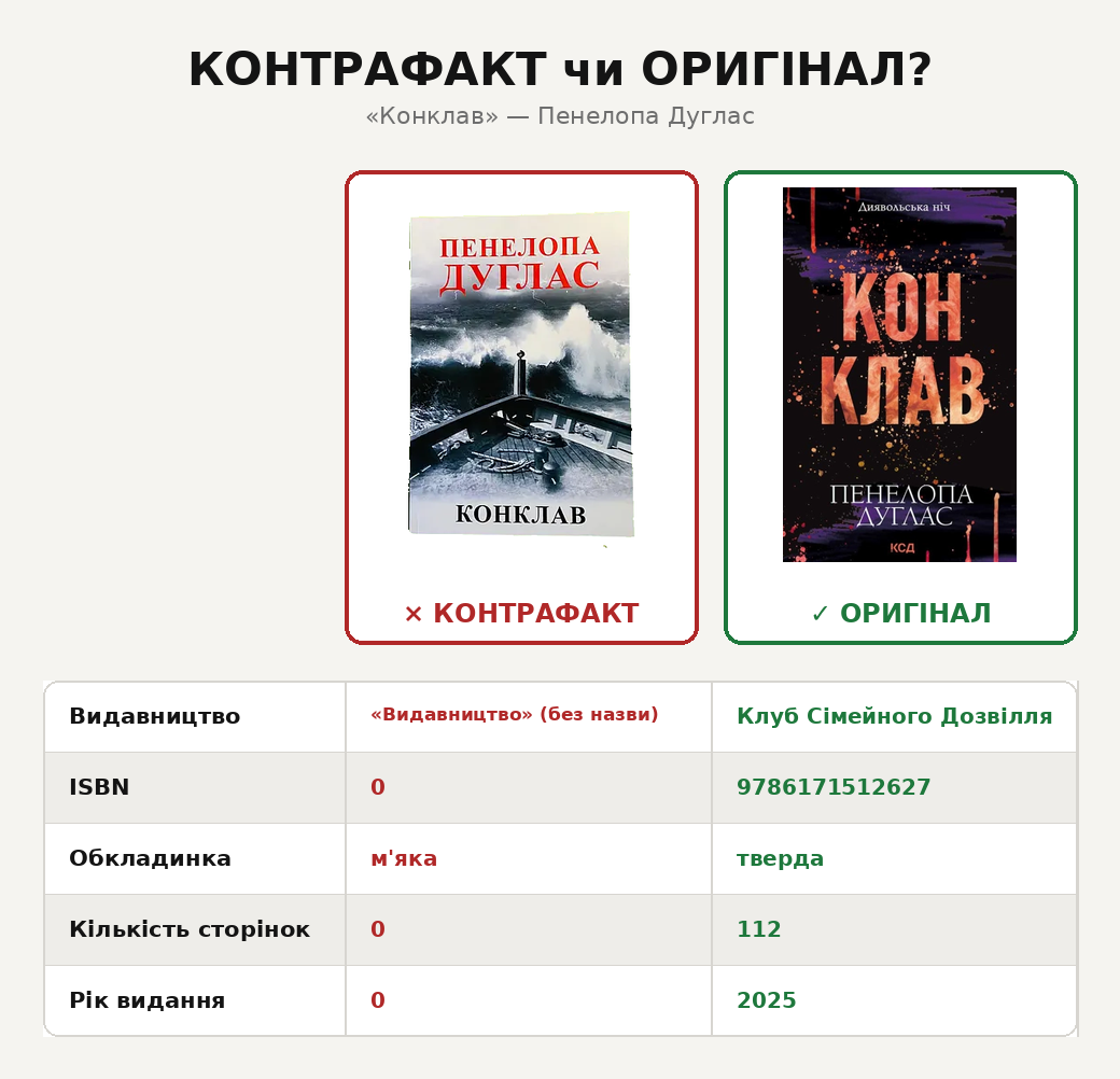 Порівняння контрафактного та ліцензійного видання «Конклав»