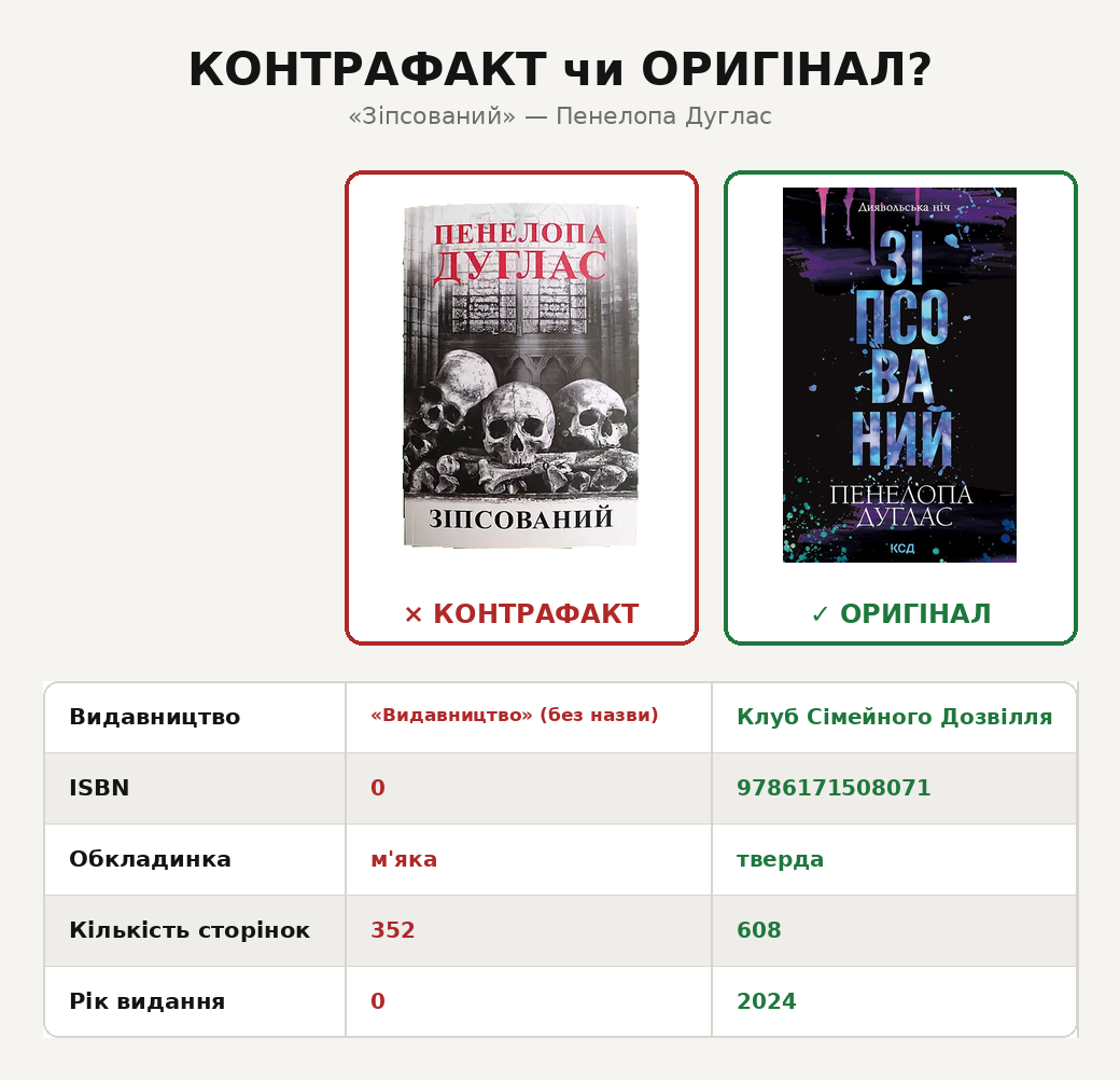 Порівняння контрафактного та ліцензійного видання «Зіпсований»