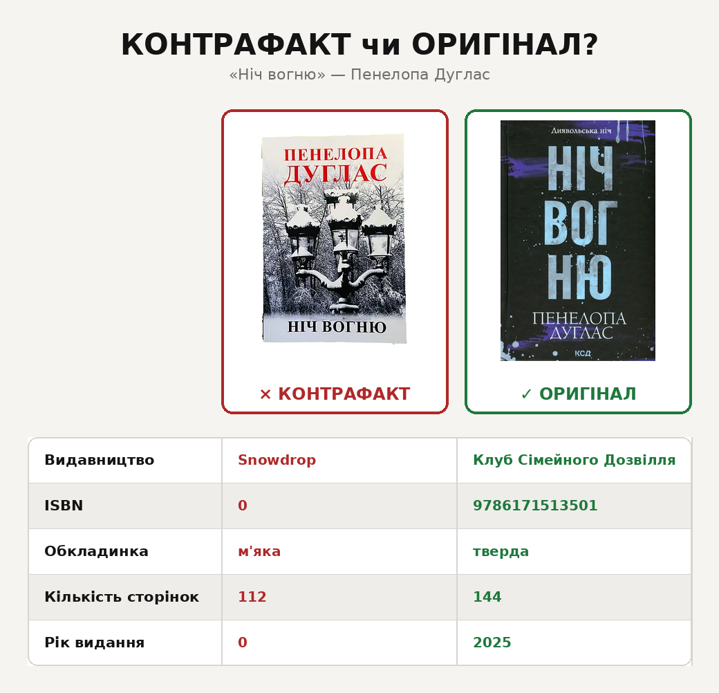 Порівняння контрафактного та ліцензійного видання «Ніч вогню»