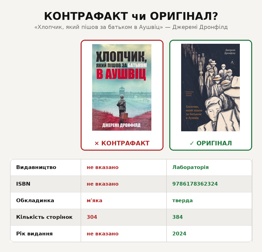 Порівняння контрафактного та ліцензійного видання «Хлопчик, який пішов за батьком в Аушвіц»
